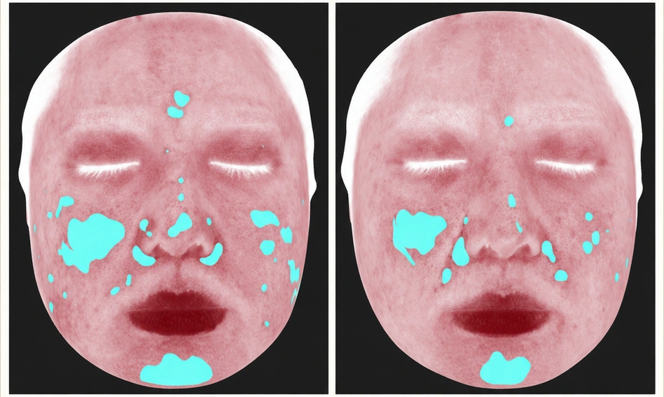 Sylfirm X before-and-after comparison photo · Skin analysis · Before 2025.12 · After 2026.06